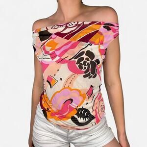 Morgan De Toi pink sheer floral off the shoulder scoop neck sleeveless top